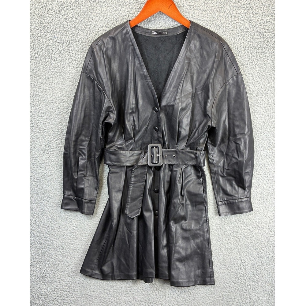 ZARA Faux Leather Trench Coat Womens L Black Belted V Neck Snap Jacket Longline